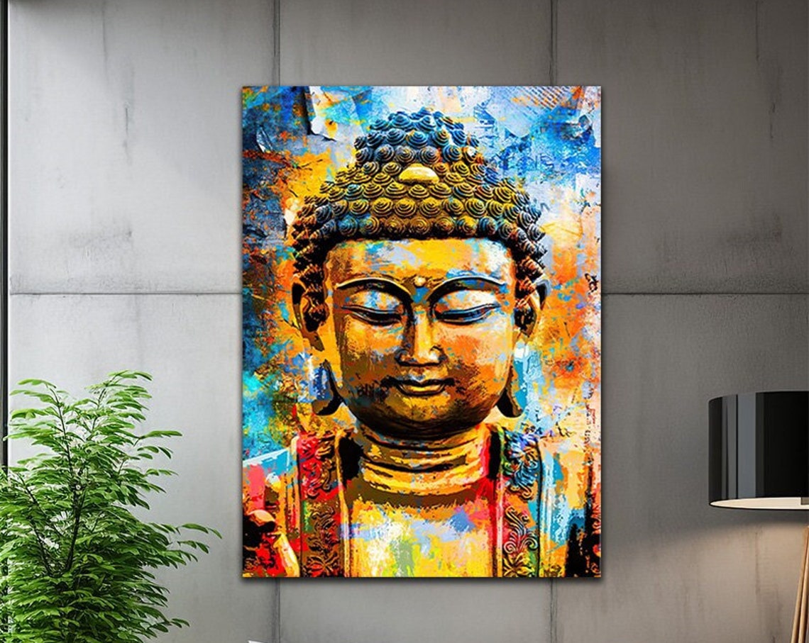 Colorful Abstract Buddha Portrait Meditation Golden Blue Wall Art - Image 3