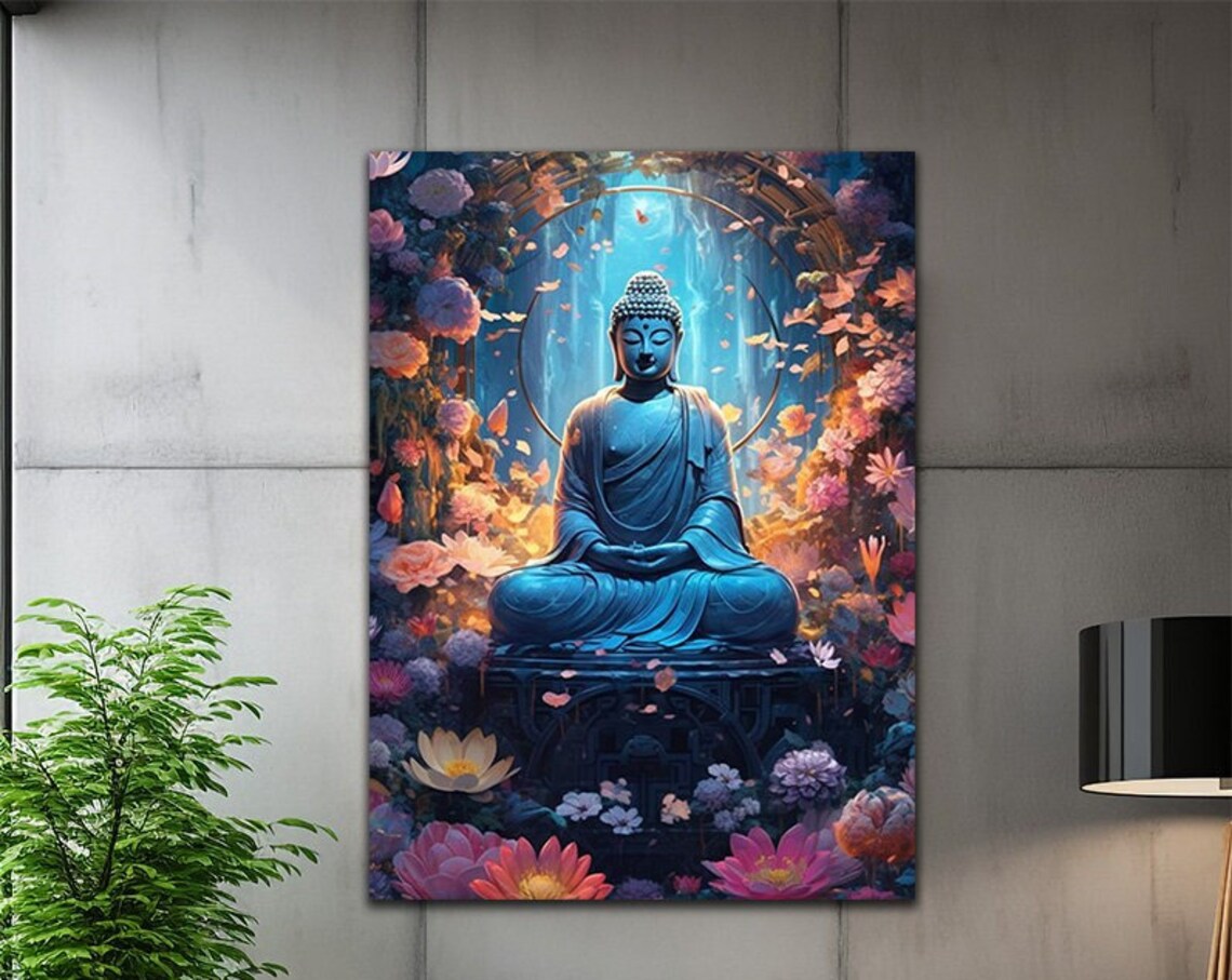 Blue Buddha Falling Flowers Dream Waterfall Meditation Wall Art Print
