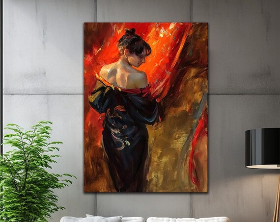 Woman Black Dress Red Firelight Impressionist Painting Romantic Wall Art