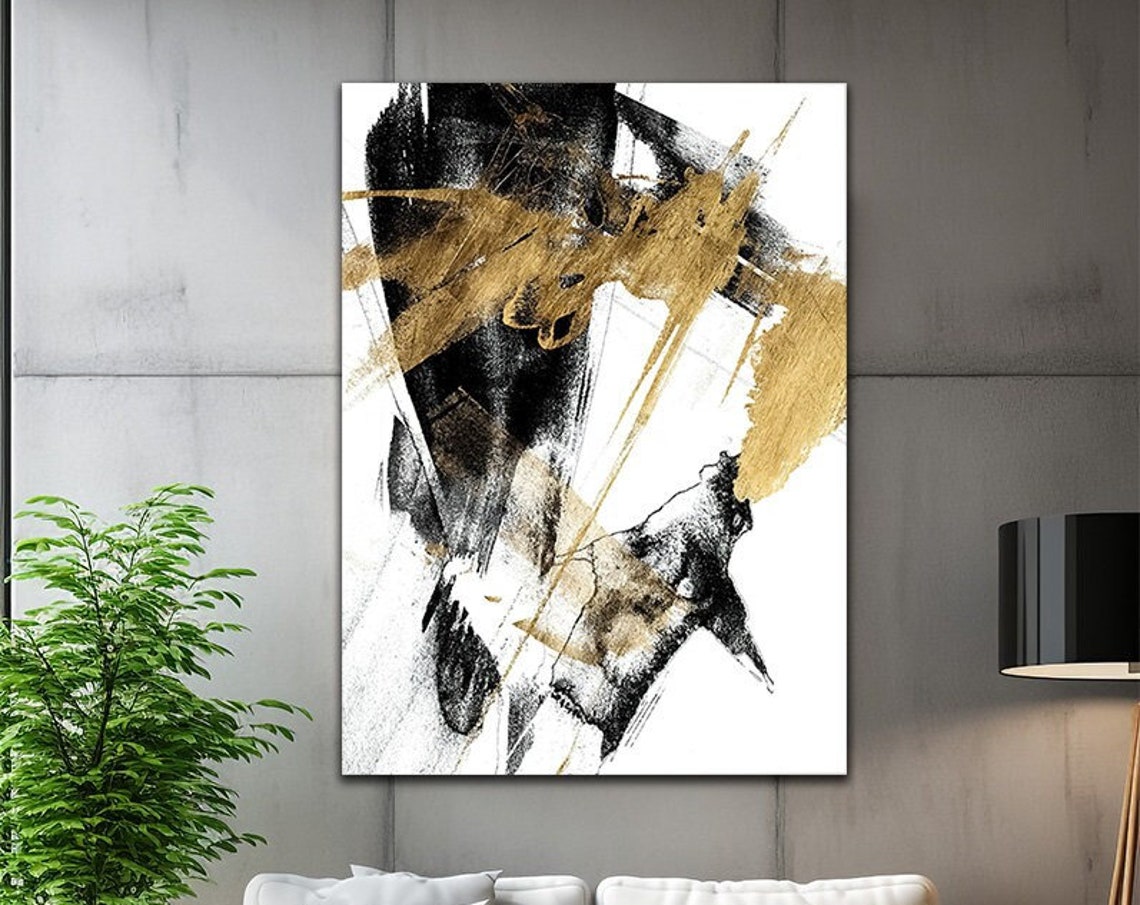 Black Gold Abstract Brushstroke Painting Modern Dynamic Wall Art Print