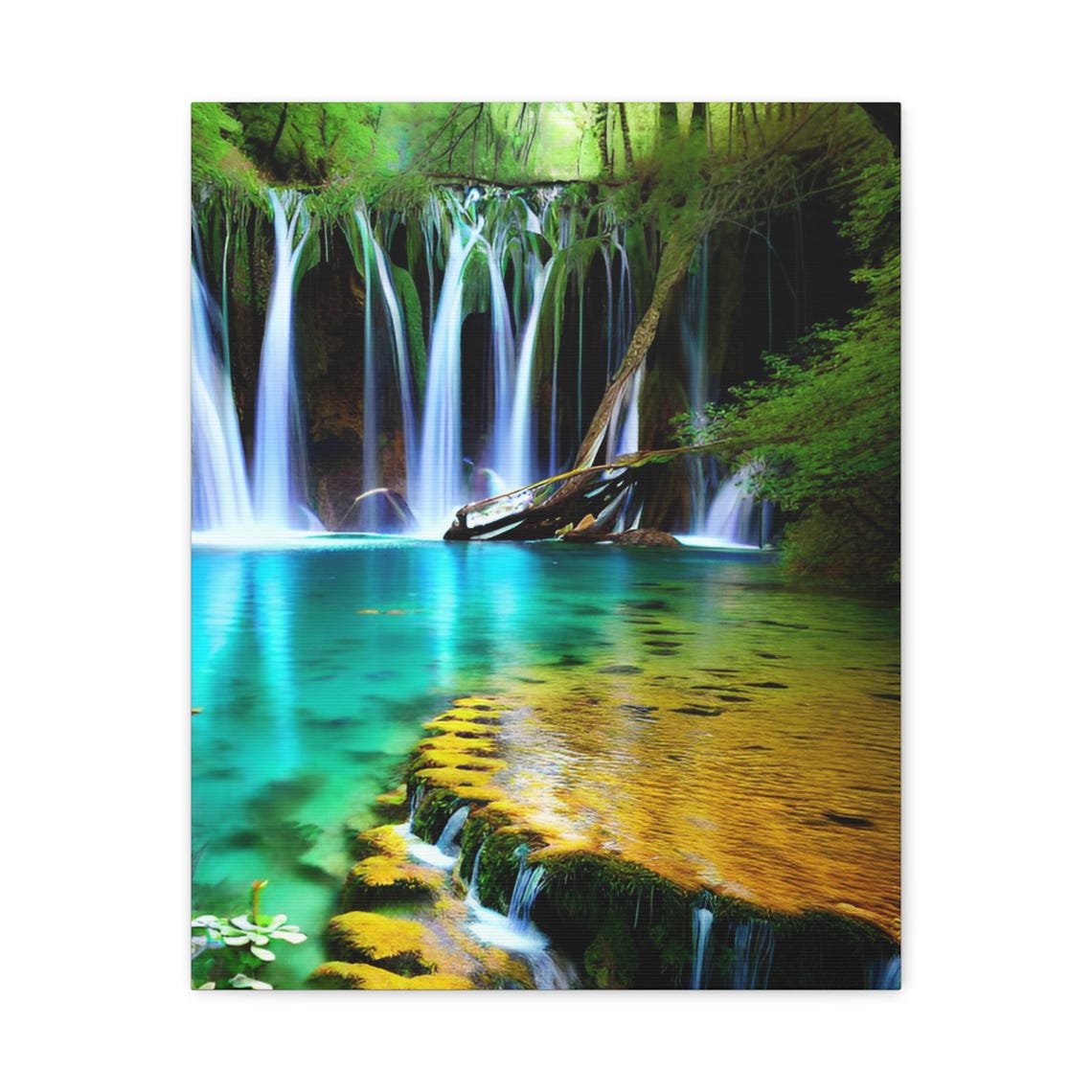 Tropical Waterfall Cascading Into Turquoise Pool Lush Green Poster