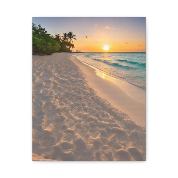 Tropical Beach Sunset White Sand Palm Trees Ocean Scene Poster