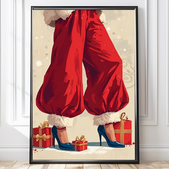 Retro Christmas Legs Red Santa Pants Fur Cuffs Blue Heels Holiday Poster