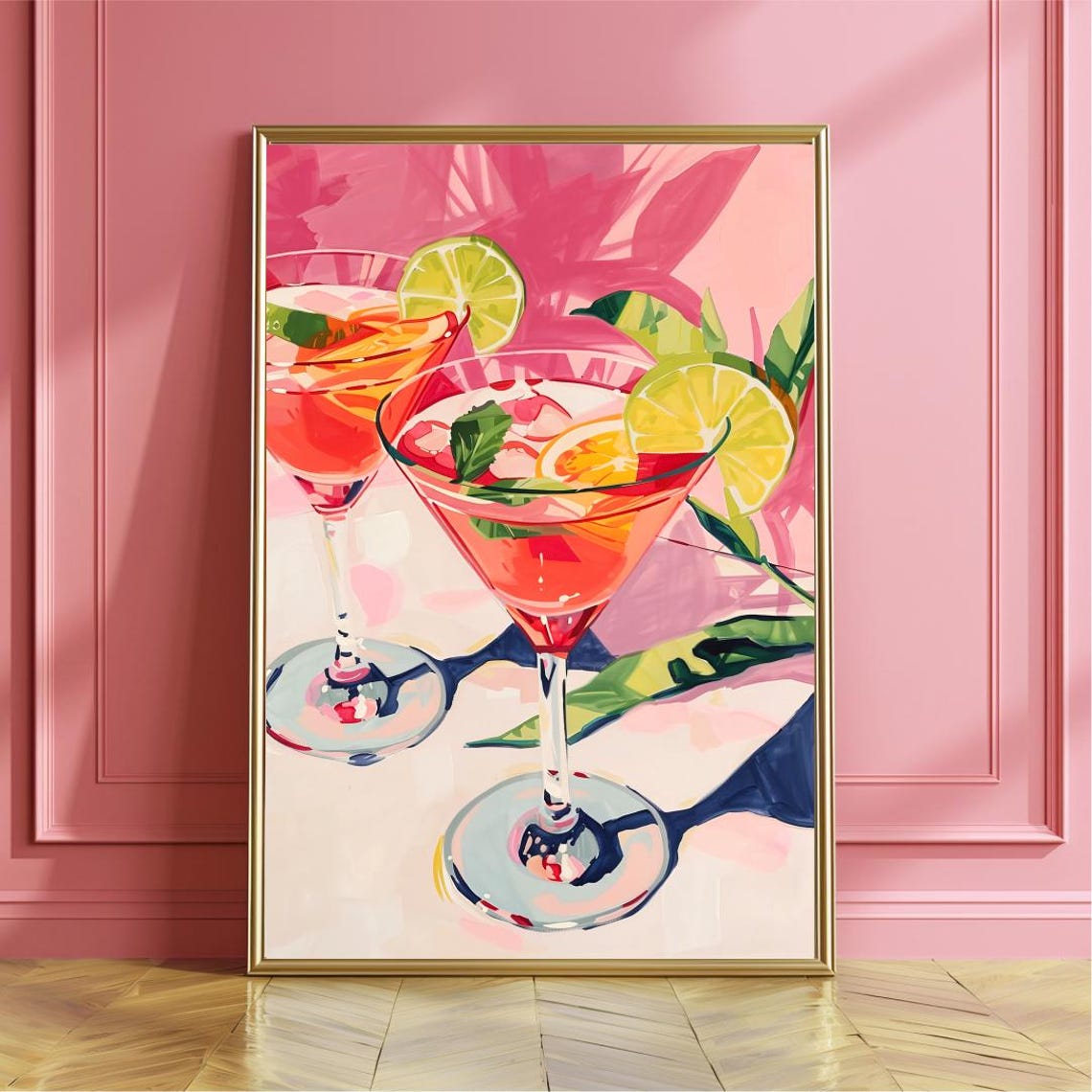 Pink Cocktails Summer Retro Martini Glasses Bright Kitchen Poster