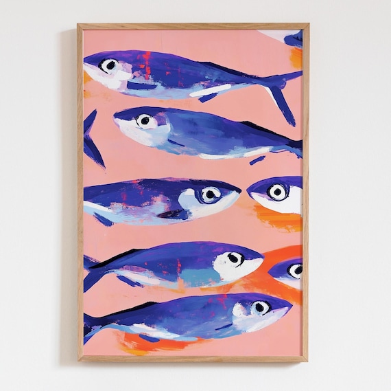 Colorful Sardines Wall Art Vibrant Kitchen Decor Mediterranean Fish Print Pink Purple Bar Restaurant Poster Summer Food
