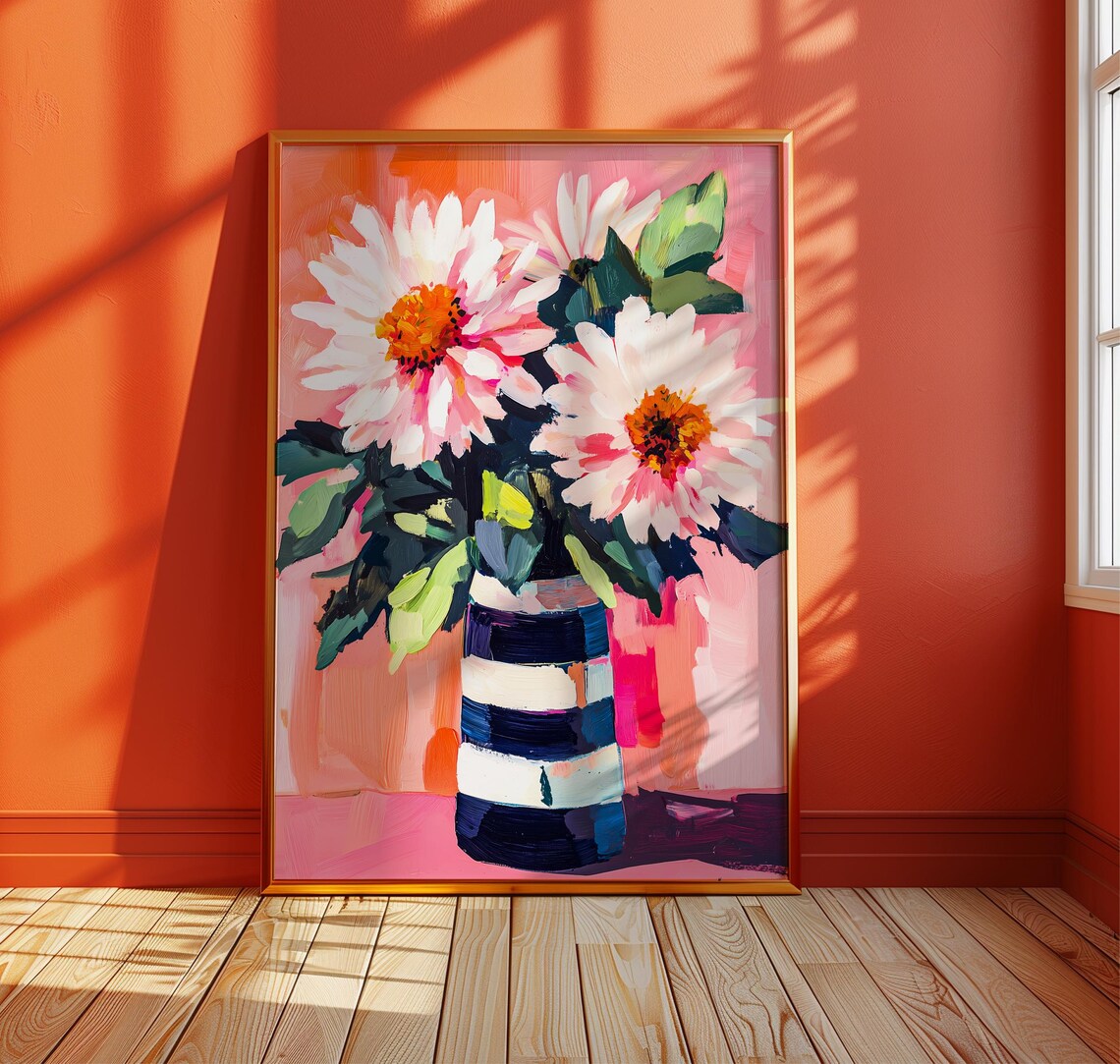 Pink Dahlia Gouache, Bold Mid-Century Floral Art Print