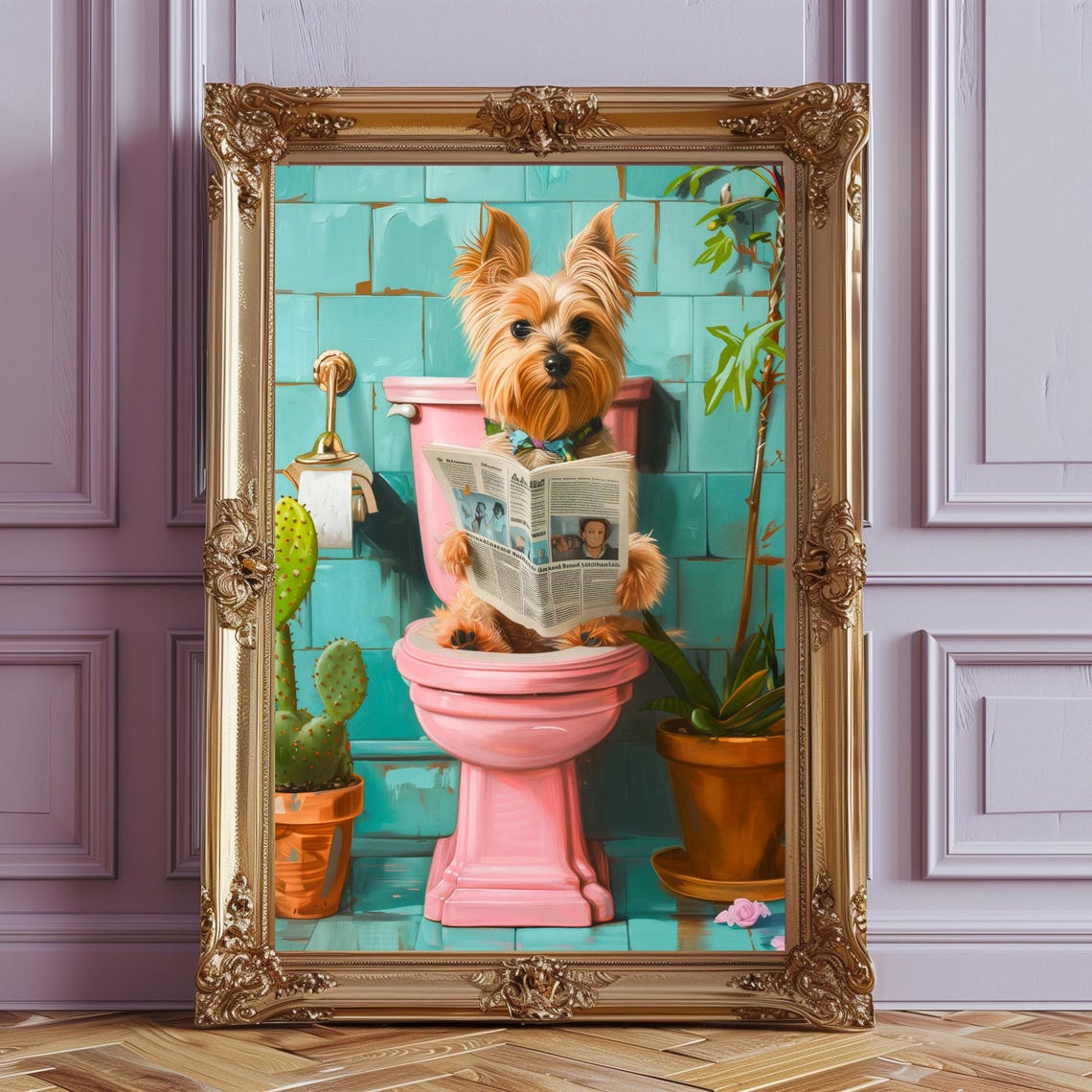 Yorkshire Terrier Reading Newspaper on Pink Toilet Funny Poster