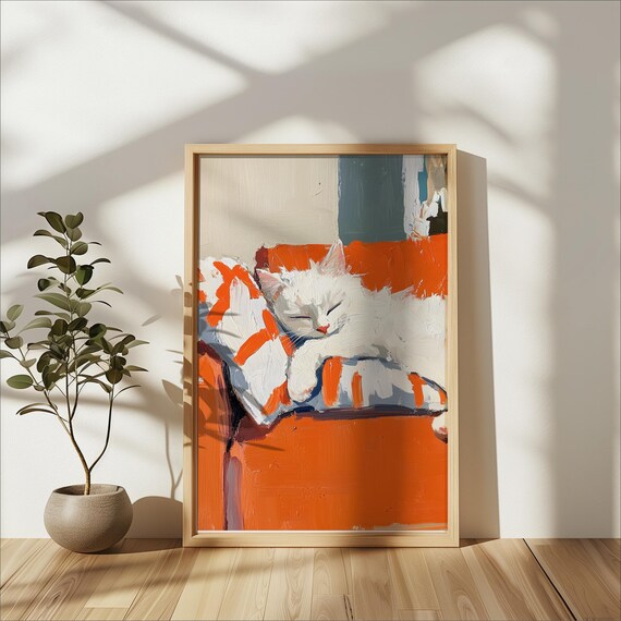 White Cat On Orange Couch Art Print Matisse Style Minimalist Oil Painting Abstract Wall Bold Brush Strokes Gift For Lover