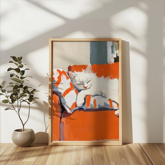 White Cat Sleeping Orange Couch Matisse Style Bold Brush Art Print