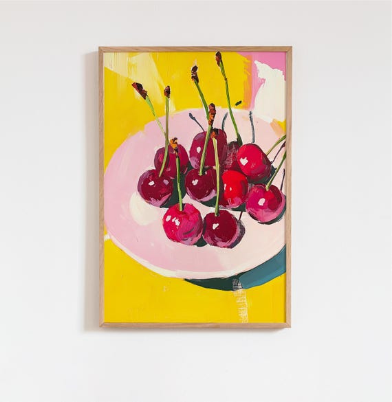 Red Cherry On Yellow Art Poster Dopamine Kitchen Wall Cherries Still Life Print Summer Food Restaurant Decor Fruit