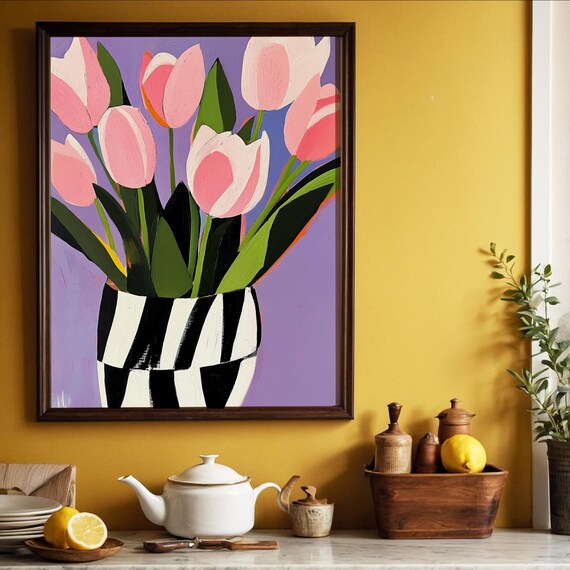 Pink Tulips Gouache Wall Art Print Bold Floral Illustration Minimalist Flower Artwork Quirky Colorful Tulip Poster For Home Decor