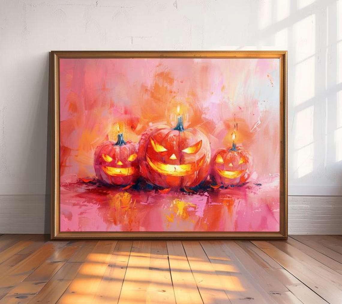 Three Glowing Jack O Lanterns on Pink Painted Halloween Art Poster