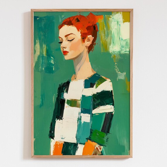 Redhead Woman in Striped Top Emerald Portrait Painting Poster