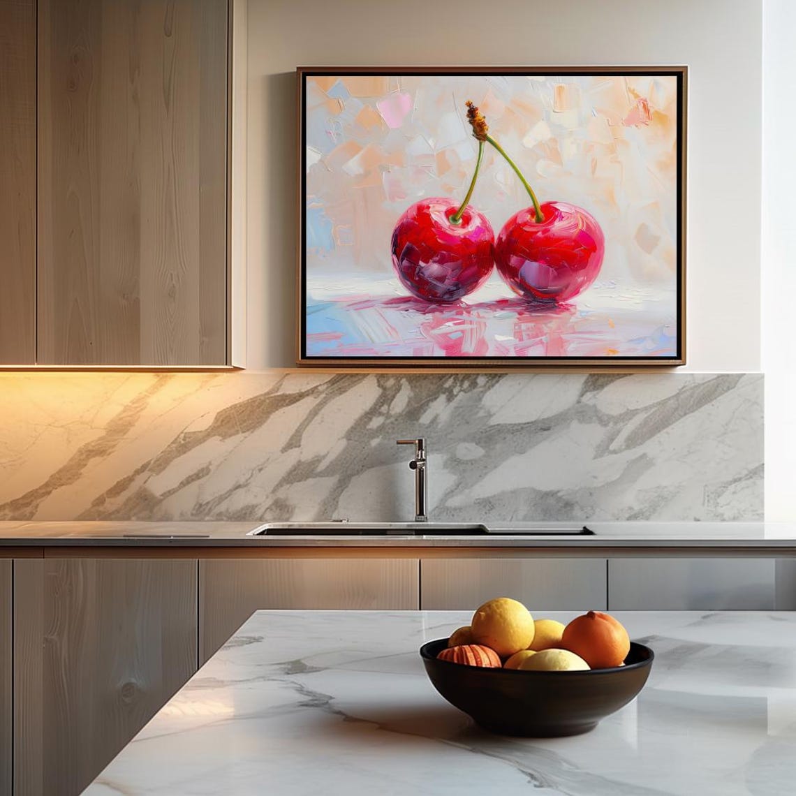 Glossy Juicy Red Cherries Oil Painting Kitchen Dining Room Poster