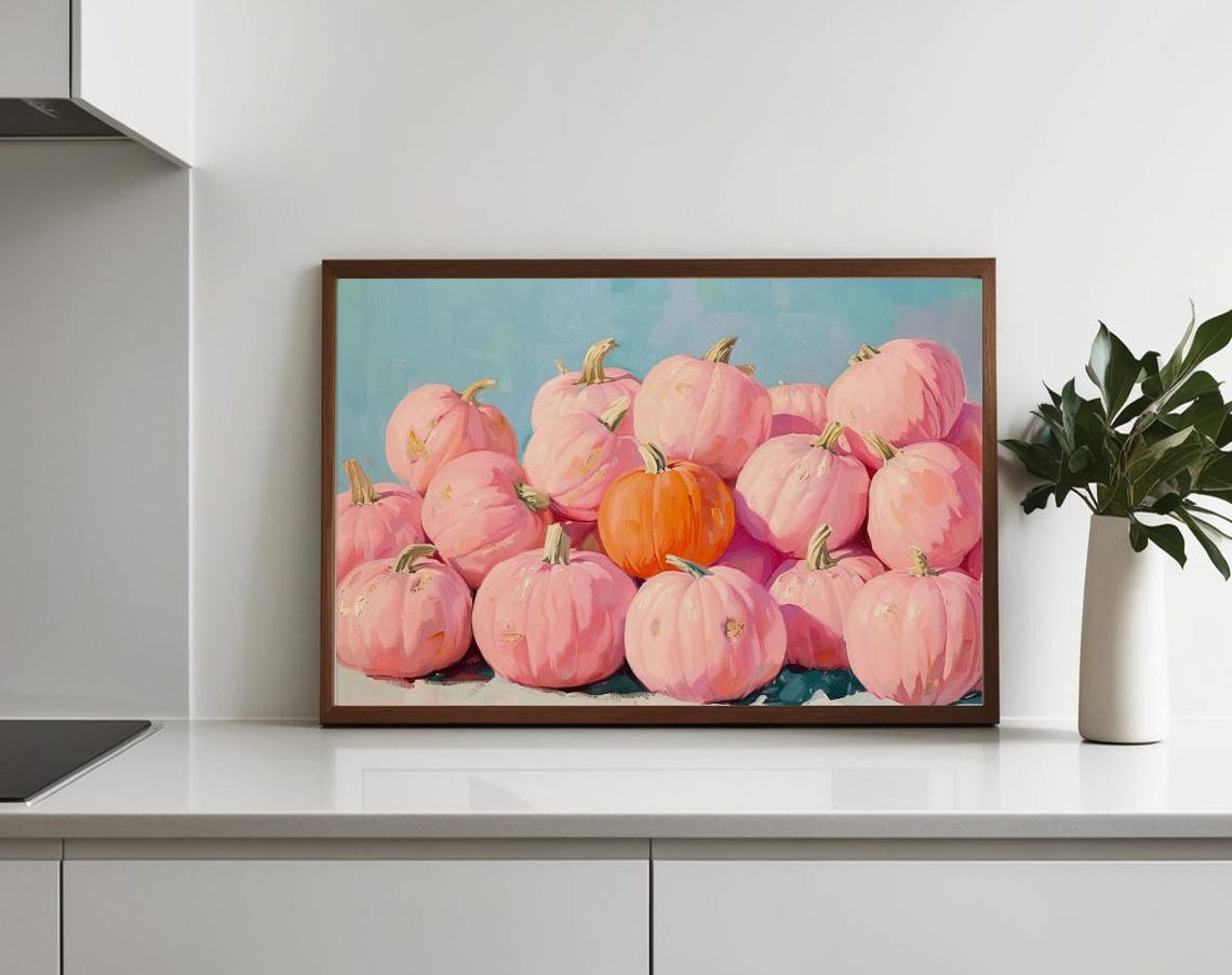 Pink Pumpkins Harvest Still Life Painting Fall Kitchen Wall Poster