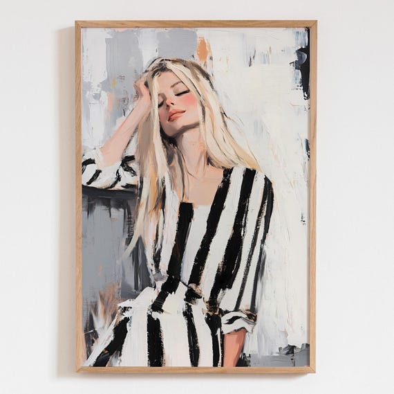 Black And White Stripe Dress Woman Art Print