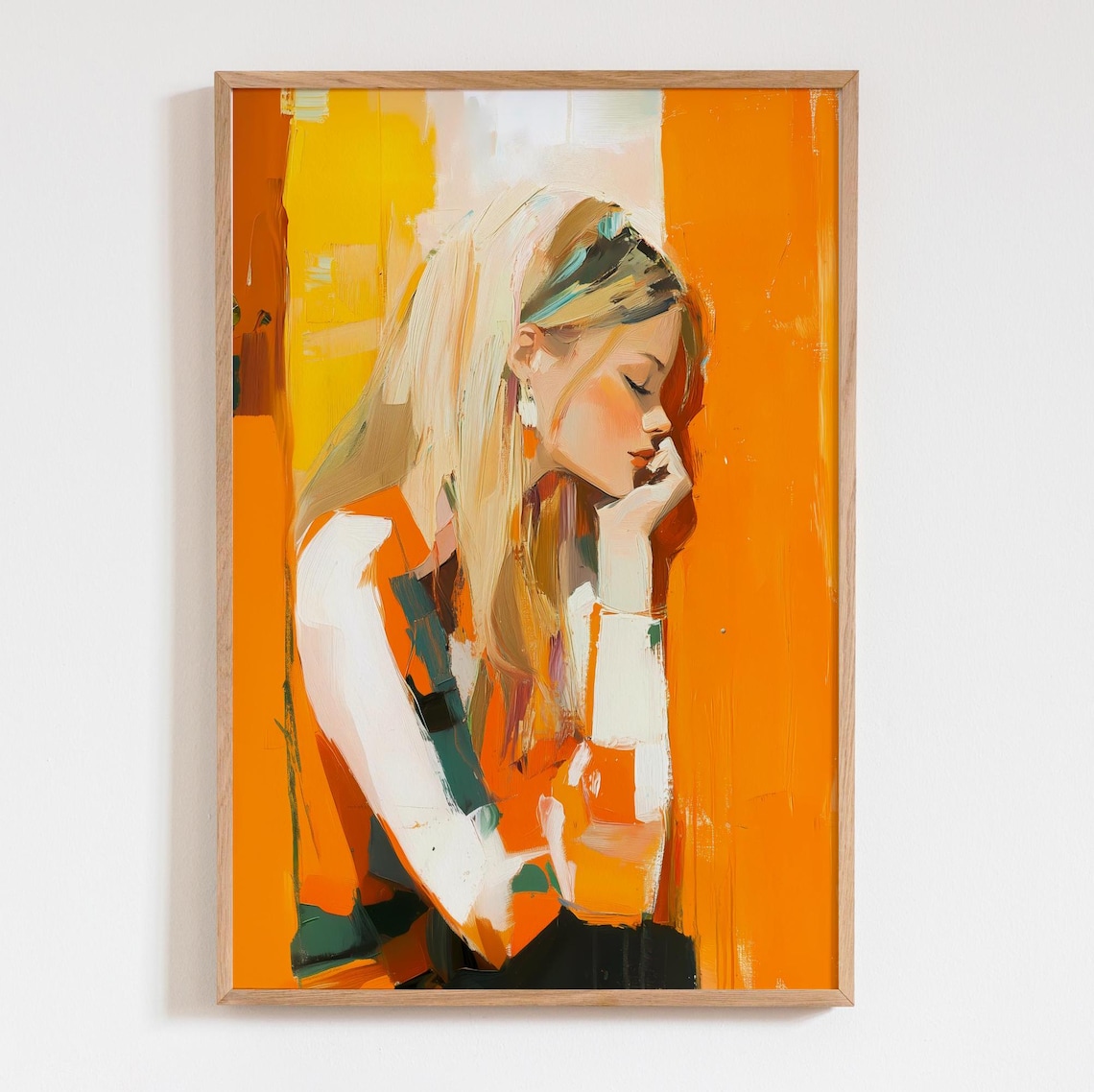 Blonde Woman Profile Orange Abstract Painting Modern Emotional Decor Print
