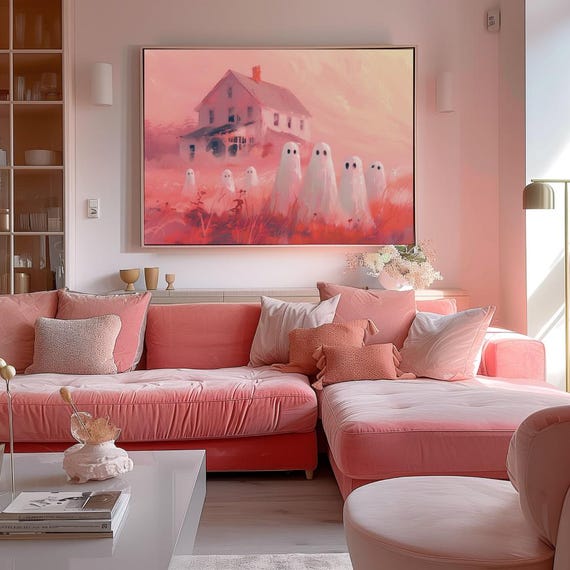Playful Cute Acrylic Painting Art Print Poster Pink Maximalist Eclectic Halloween Wall Preppy Trendy Home Decor