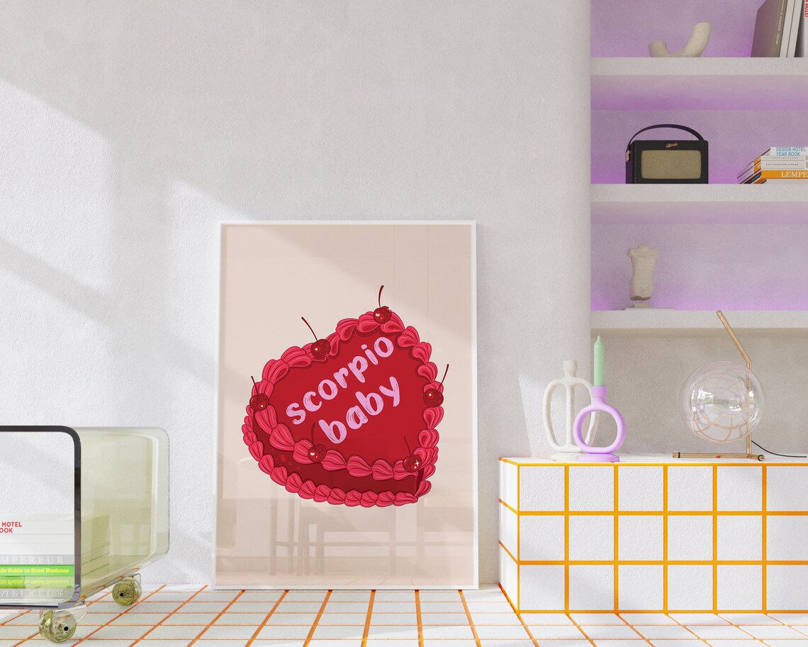Scorpio Baby Red Vintage Heart Cake Cherries Zodiac Art Print - Image 4