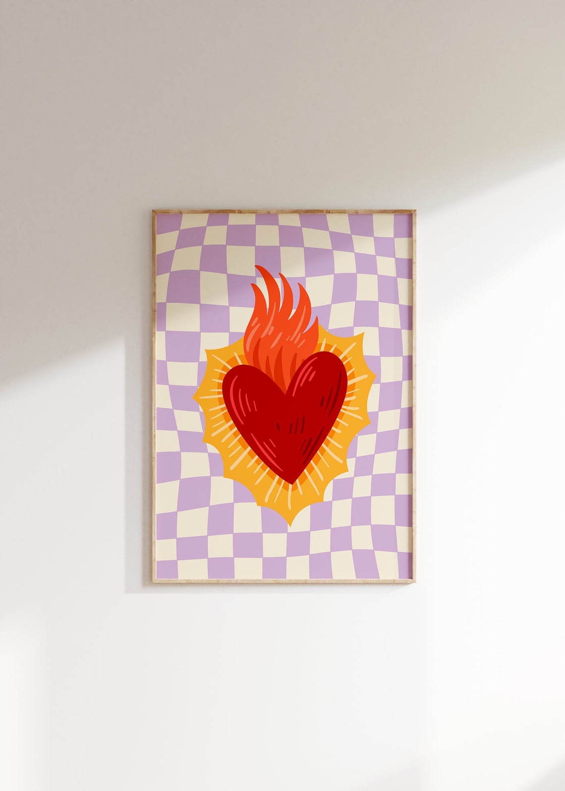 Flaming Sacred Heart On Purple Checkerboard Boho Style Art Print