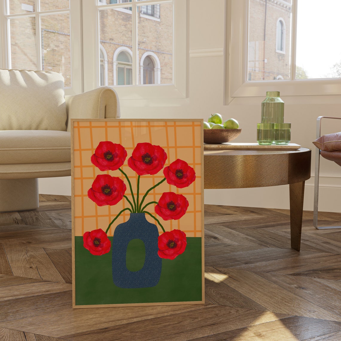 Red Poppies in Blue Dotted Vase on Orange Grid Floral Poster - Image 4