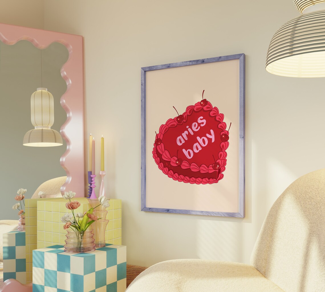 Aries Baby Red Vintage Heart Cake With Cherries Zodiac Wall Art - Image 5