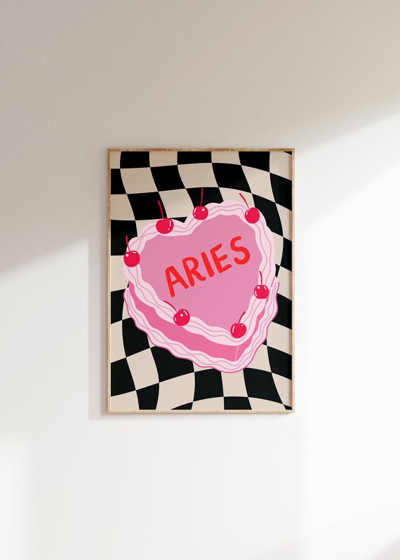 Aries Pink Heart Cake Cherry On Black Checkerboard Zodiac Poster