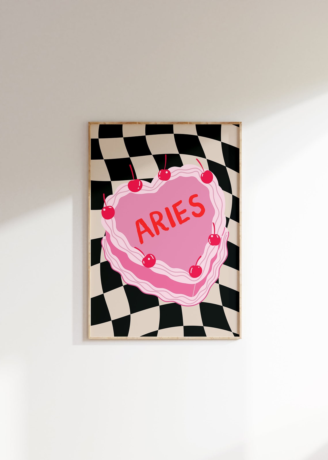 Aries Pink Heart Cake Cherry On Black Checkerboard Zodiac Poster