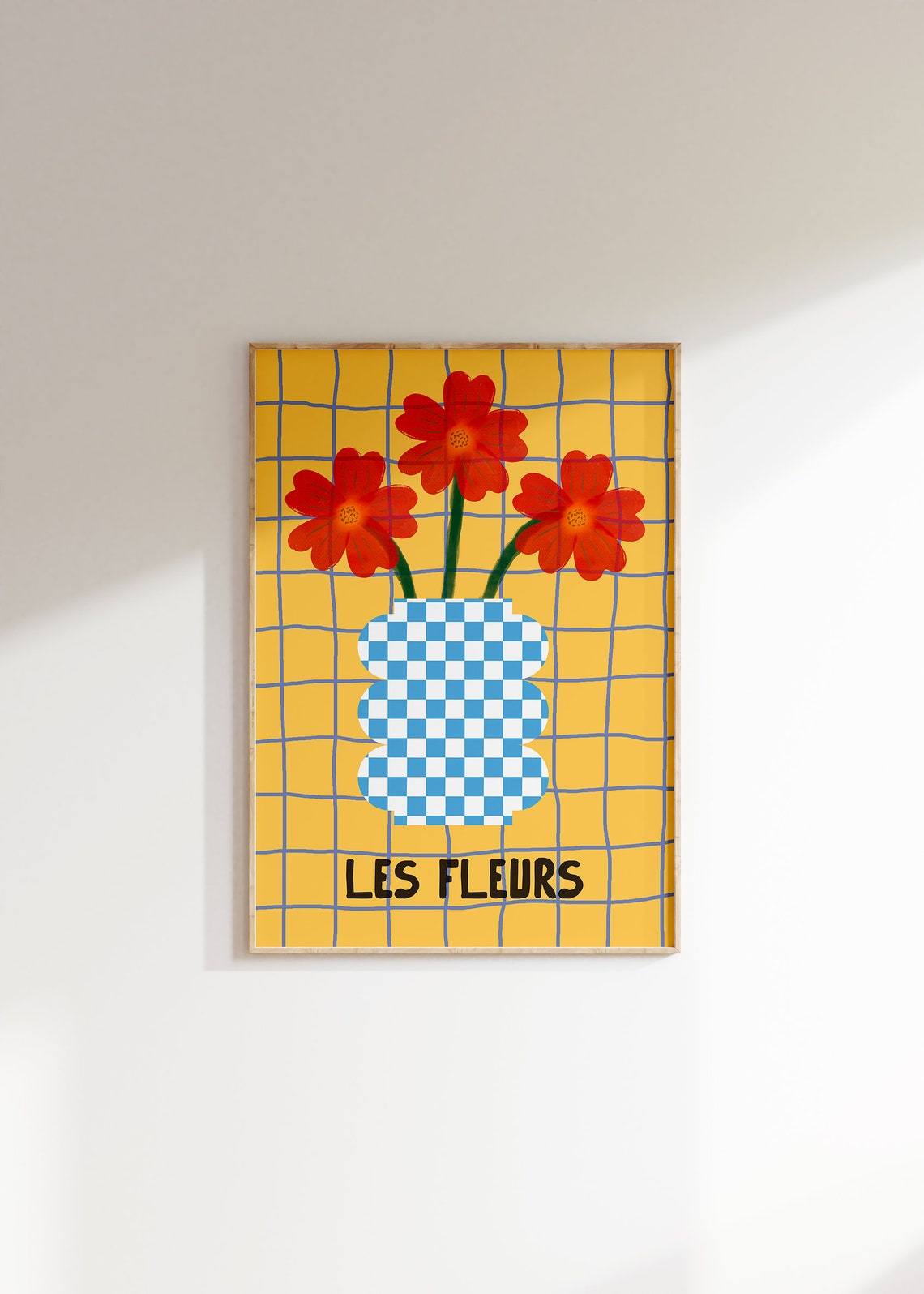 Les Fleurs Red Flowers in Checkered Vase on Yellow Grid Poster