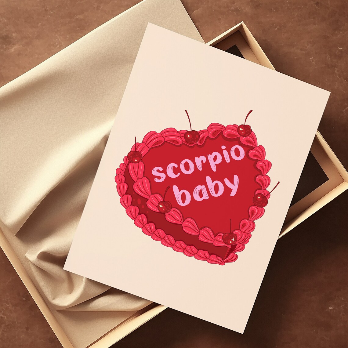 Scorpio Baby Red Vintage Heart Cake Cherries Zodiac Art Print - Image 2