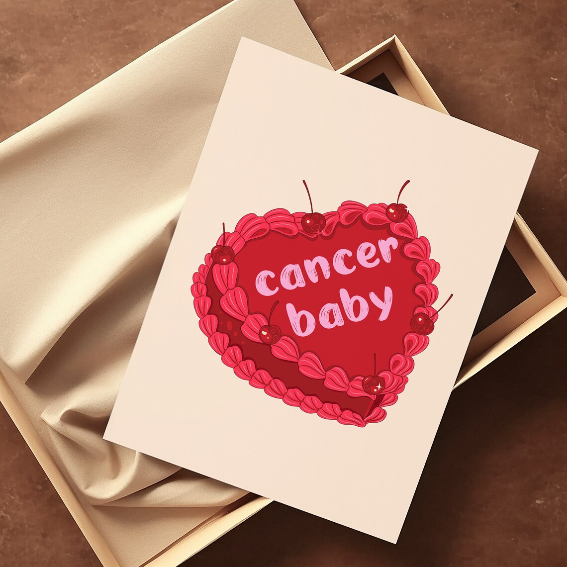 Cancer Baby Red Vintage Heart Cake Cherries Zodiac Art Print - Image 2