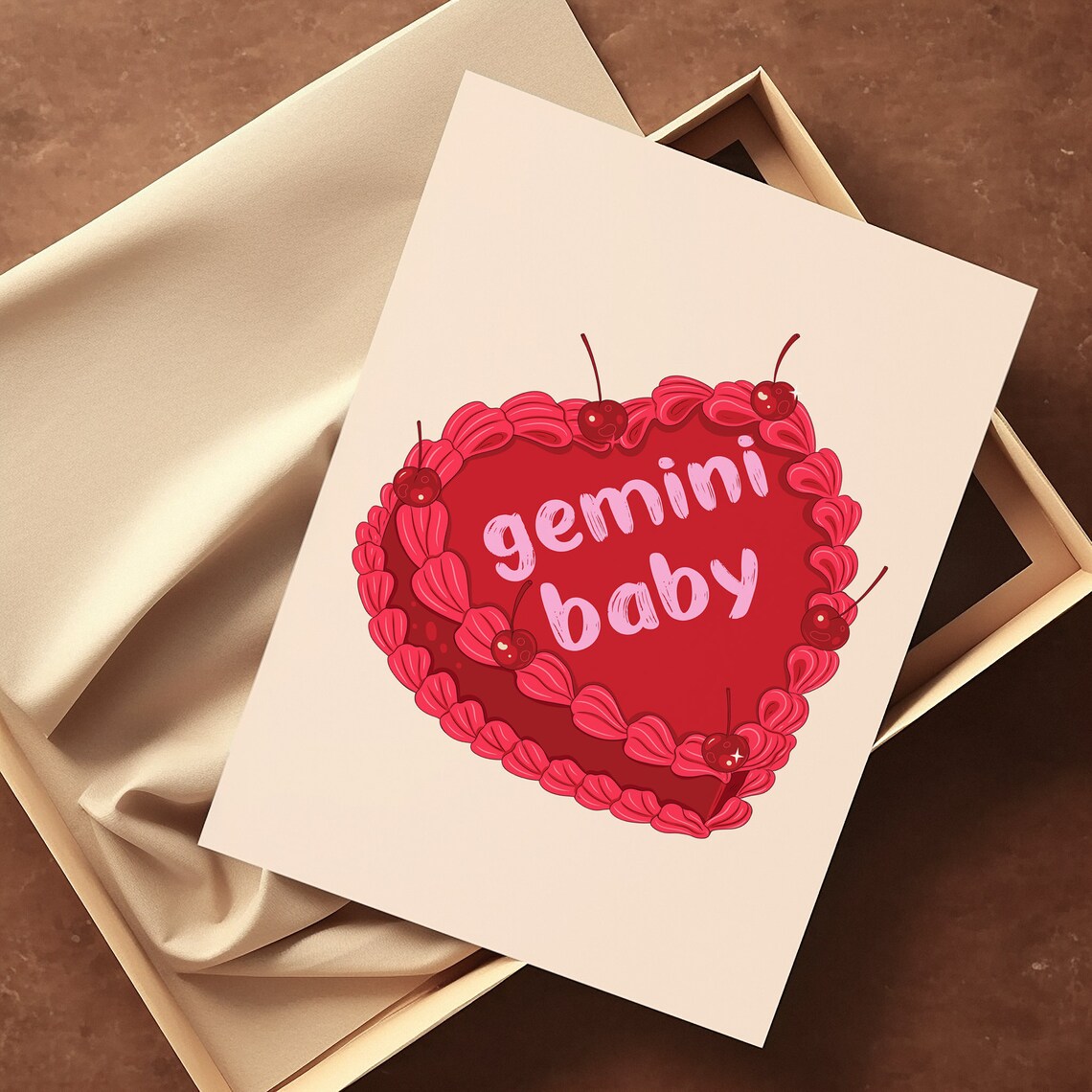Gemini Baby Red Vintage Heart Cake With Cherries Zodiac Wall Art - Image 2