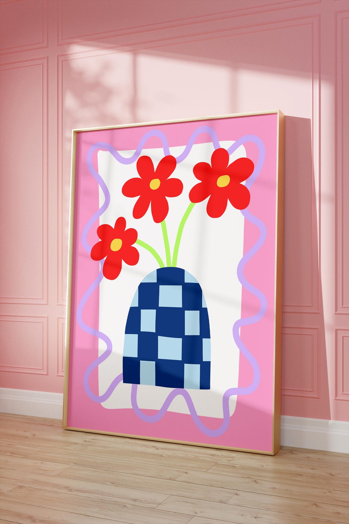 Red Daisies in Checkered Blue Vase Pink Wavy Frame Floral Poster - Image 3