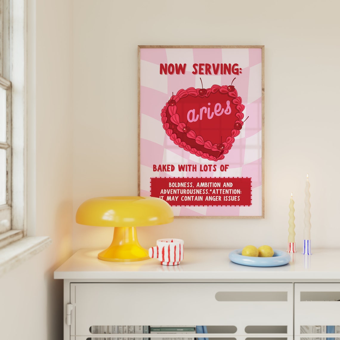 Now Serving Aries Cake Red Cherry Heart Pink Checkerboard Poster - Image 3