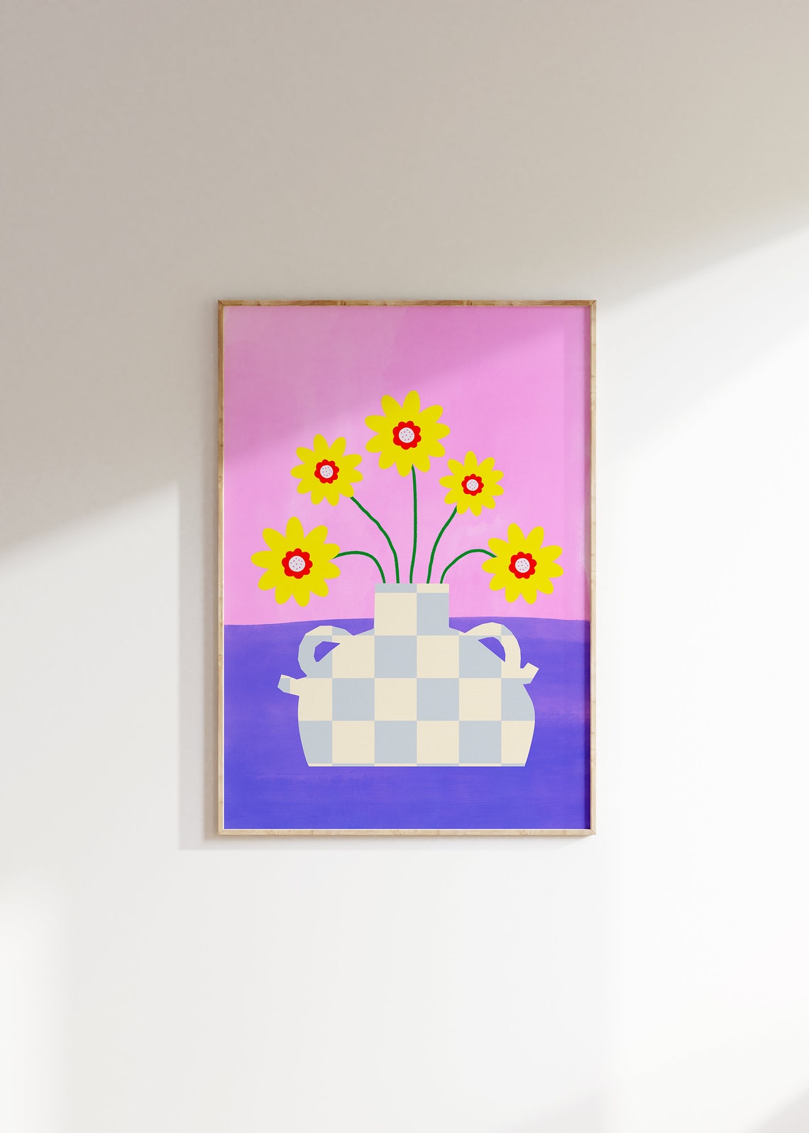 Yellow Daisies in Checkered Vase on Purple Pink Bold Floral Print