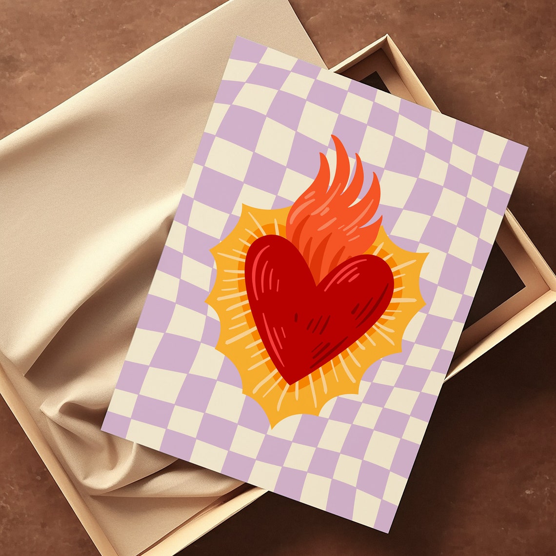 Flaming Sacred Heart On Purple Checkerboard Boho Style Art Print - Image 3