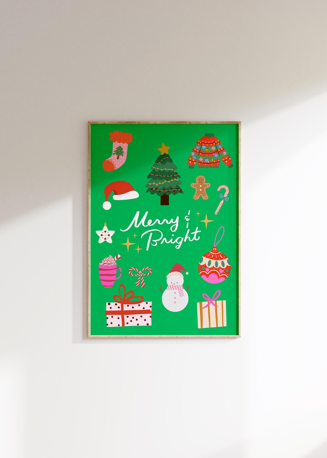 Merry and Bright Green Christmas Icons Festive Holiday Wall Poster - Image 3