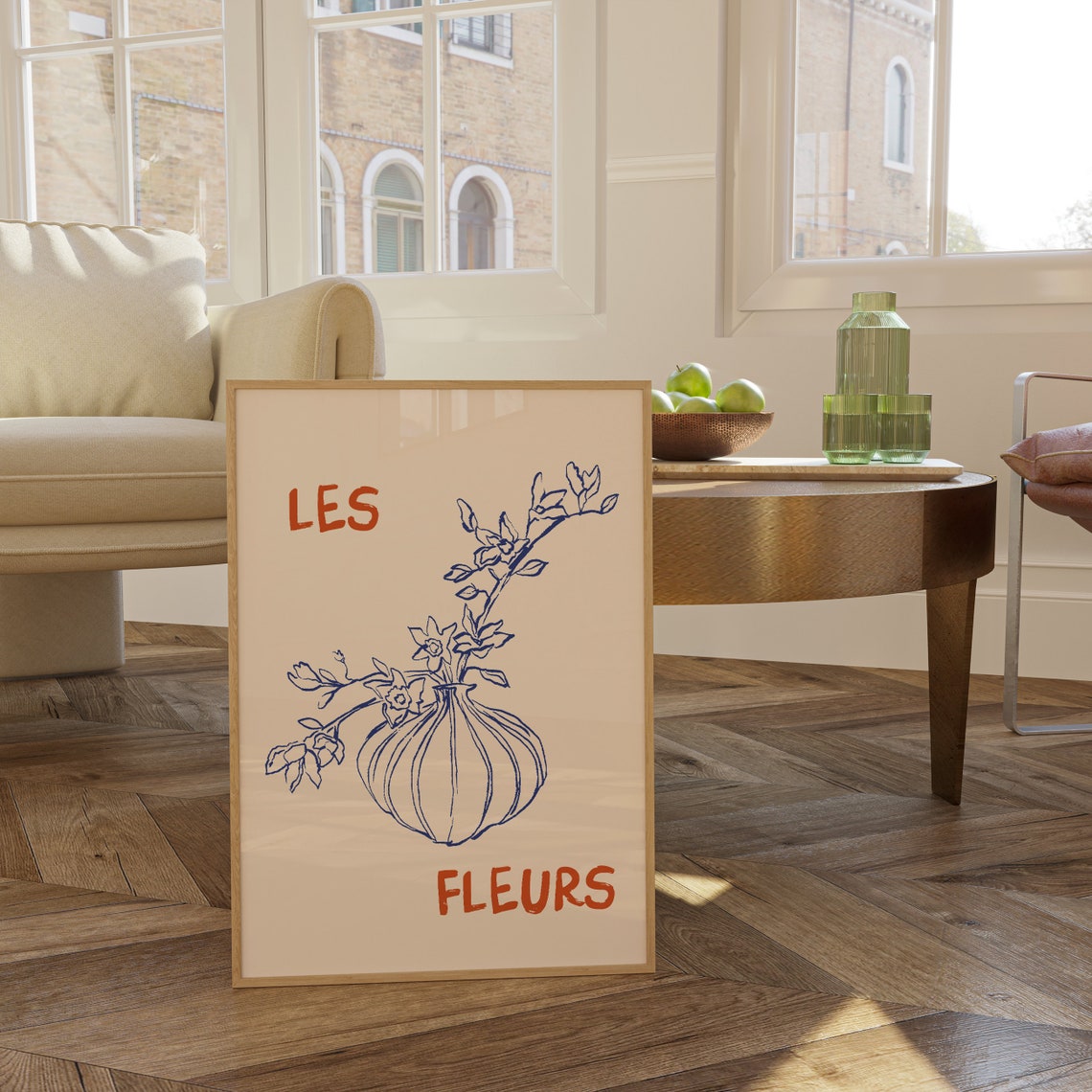 Les Fleurs Red Lettering Blue Floral Vase Elegant Line Art Poster - Image 4