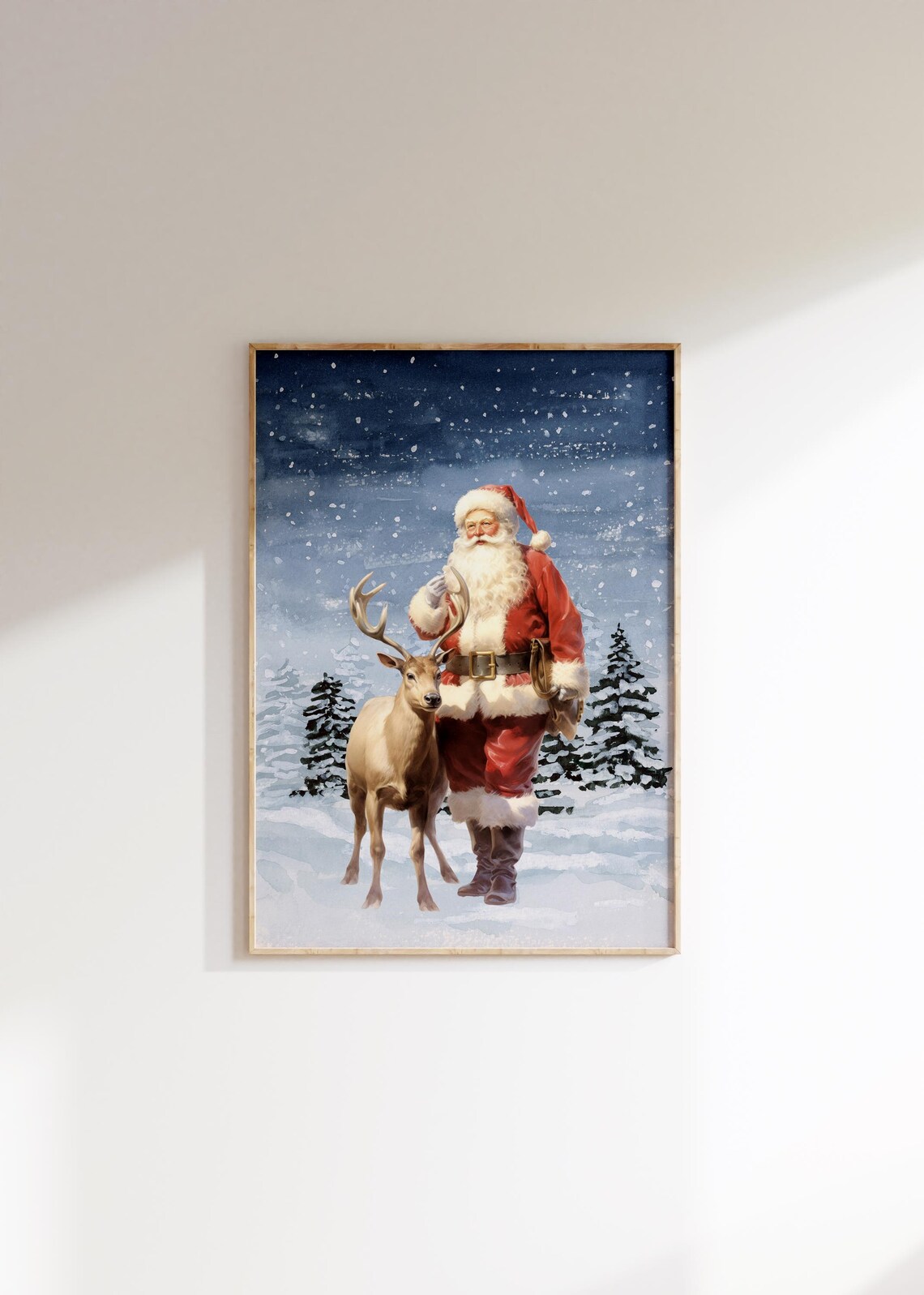 Santa Claus And Reindeer Art Print Christmas Wall Art Trendy Wall Art Christmas Art Vintage Christmas Art Holiday Wall Art