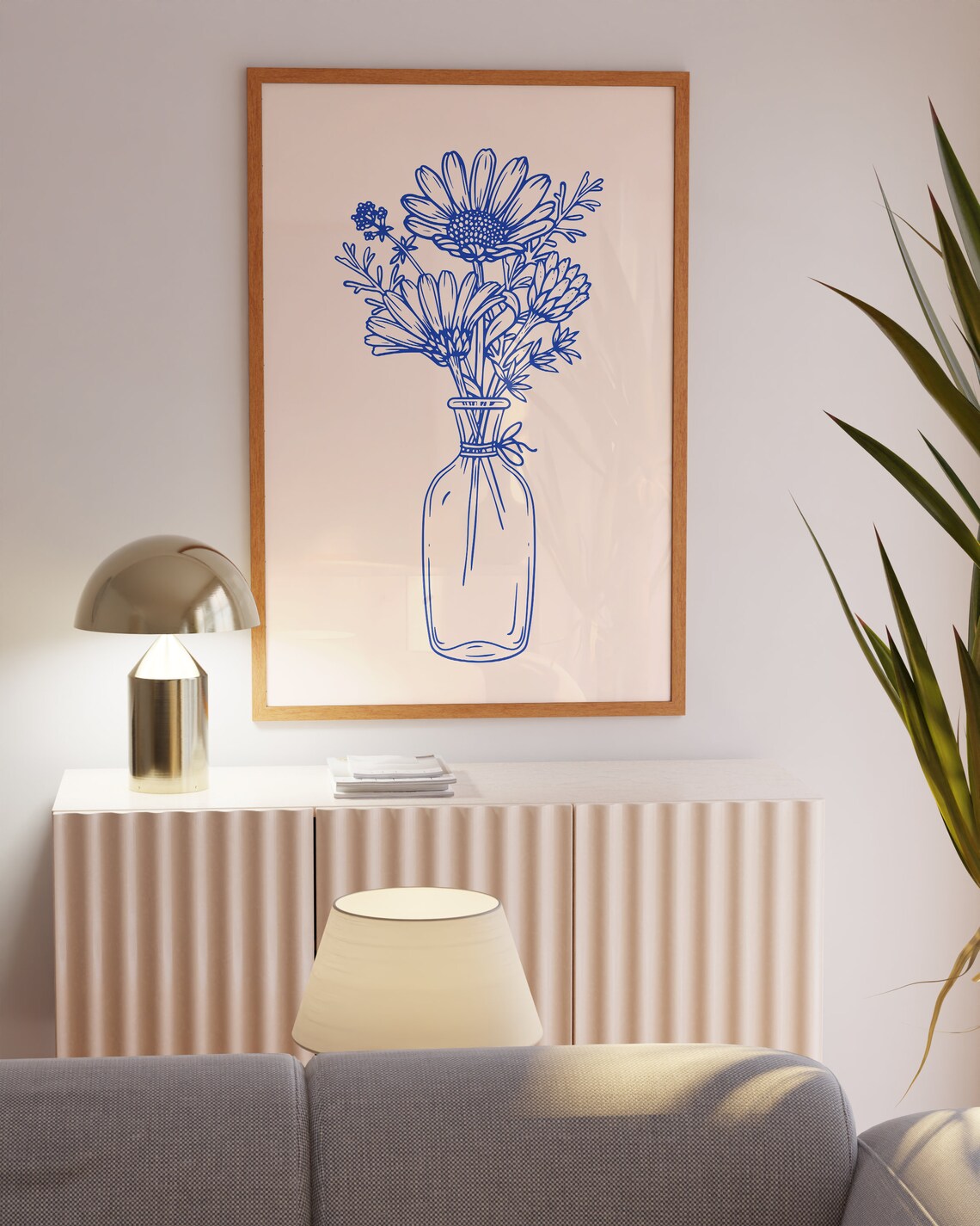Blue Line Art Wildflower Bouquet In Glass Vase Botanical Print - Image 5