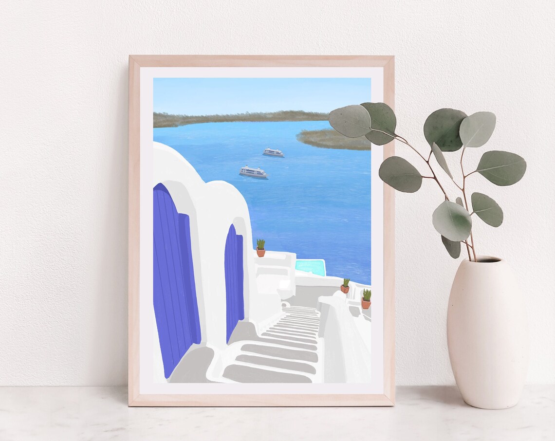 Santorini Dome, Greece Travel Poster Art Print