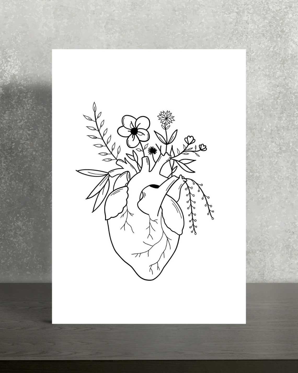 Heart Flowers Anatomical Heart Bloom Line Art Black and White Poster - Image 2