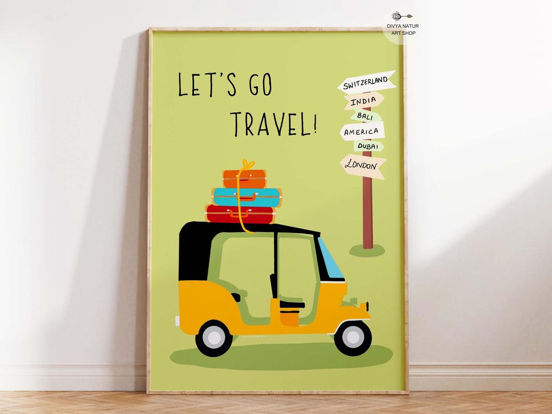Let's Go Travel Auto Rickshaw Luggage Adventure Art Piece Poster