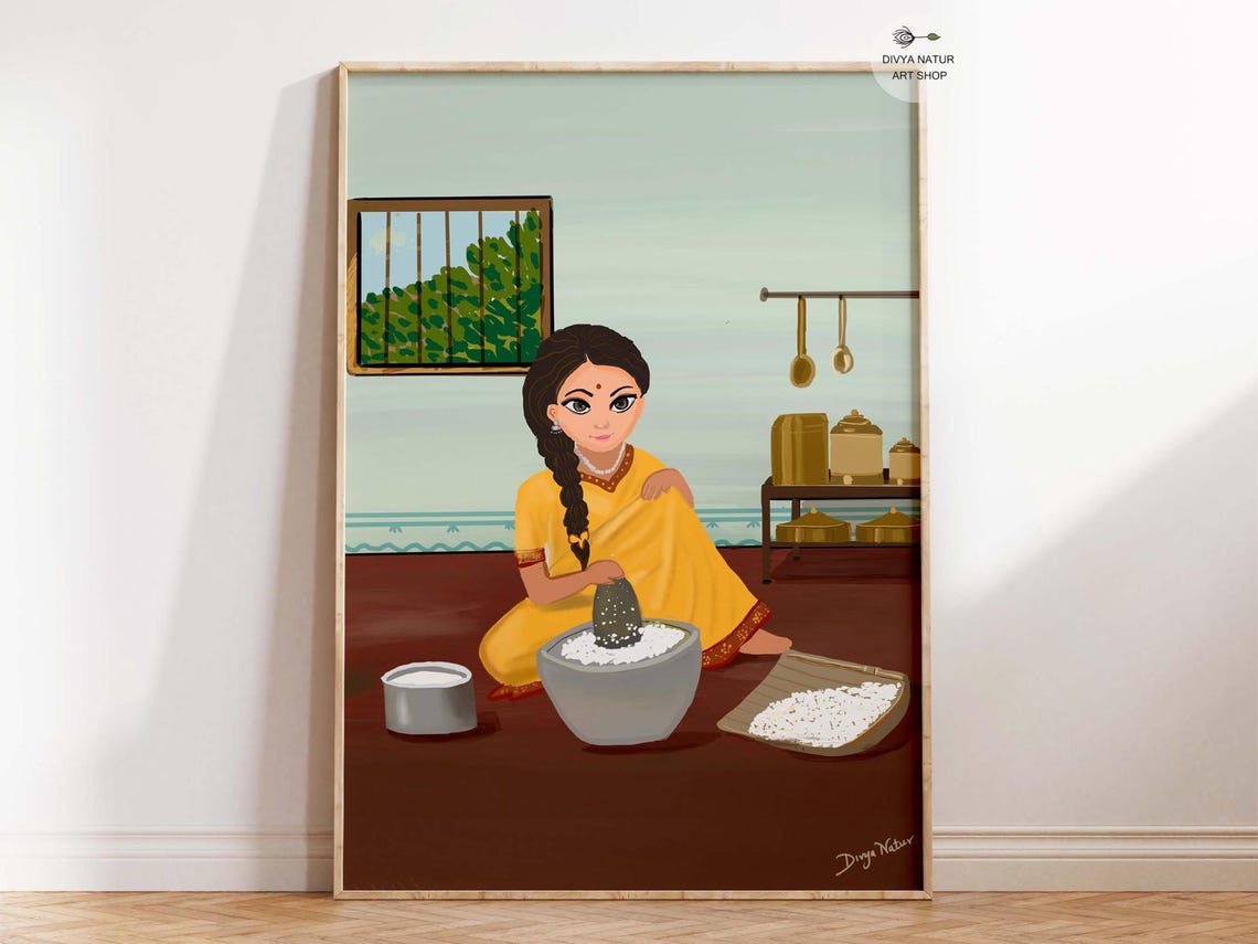 Woman Grinding Batter in Traditional Kitchen Heritage Art Poster