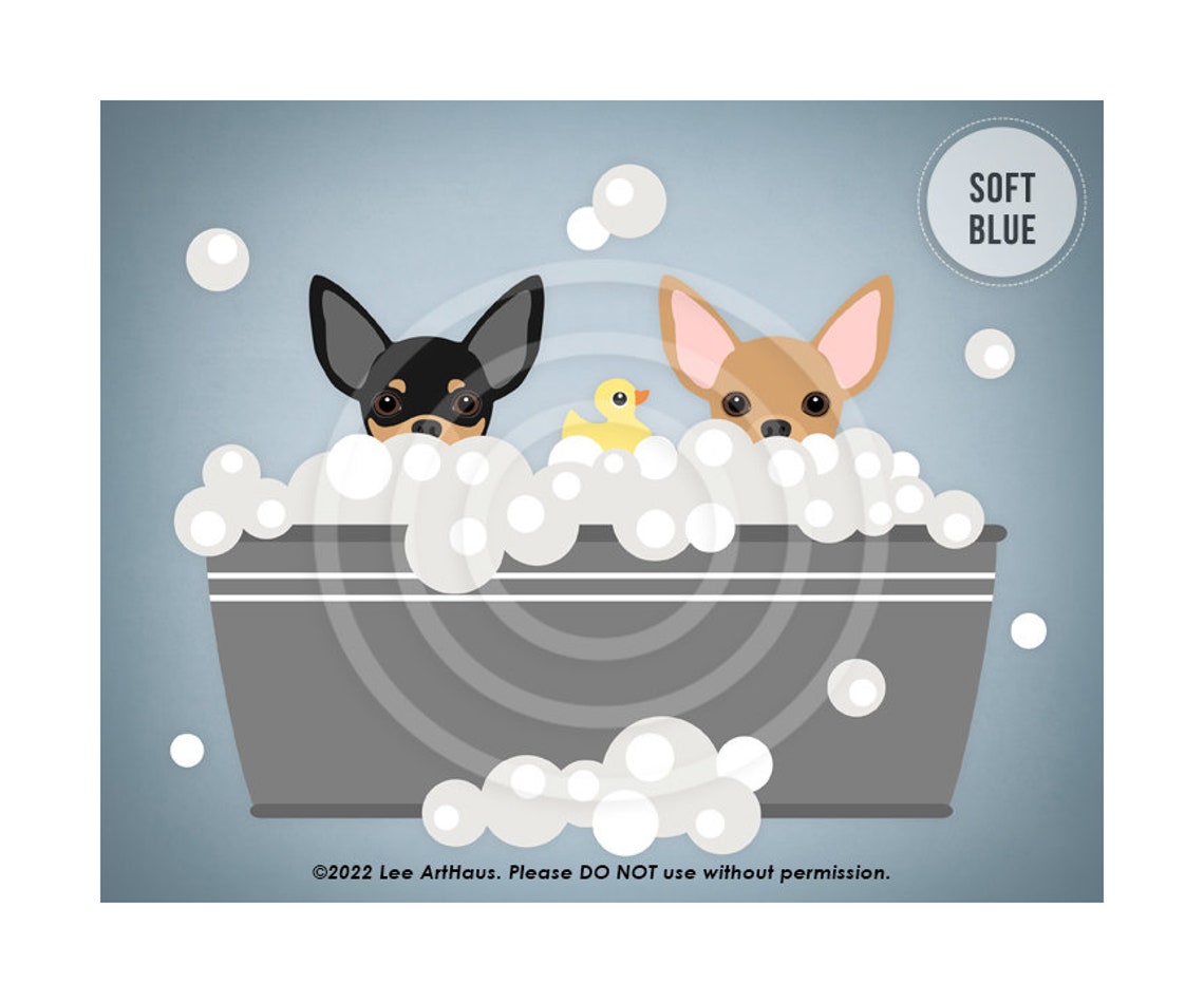 Two Chihuahuas Peeking Bubble Bath Gray Metal Tub Soft Teal Poster - Image 3