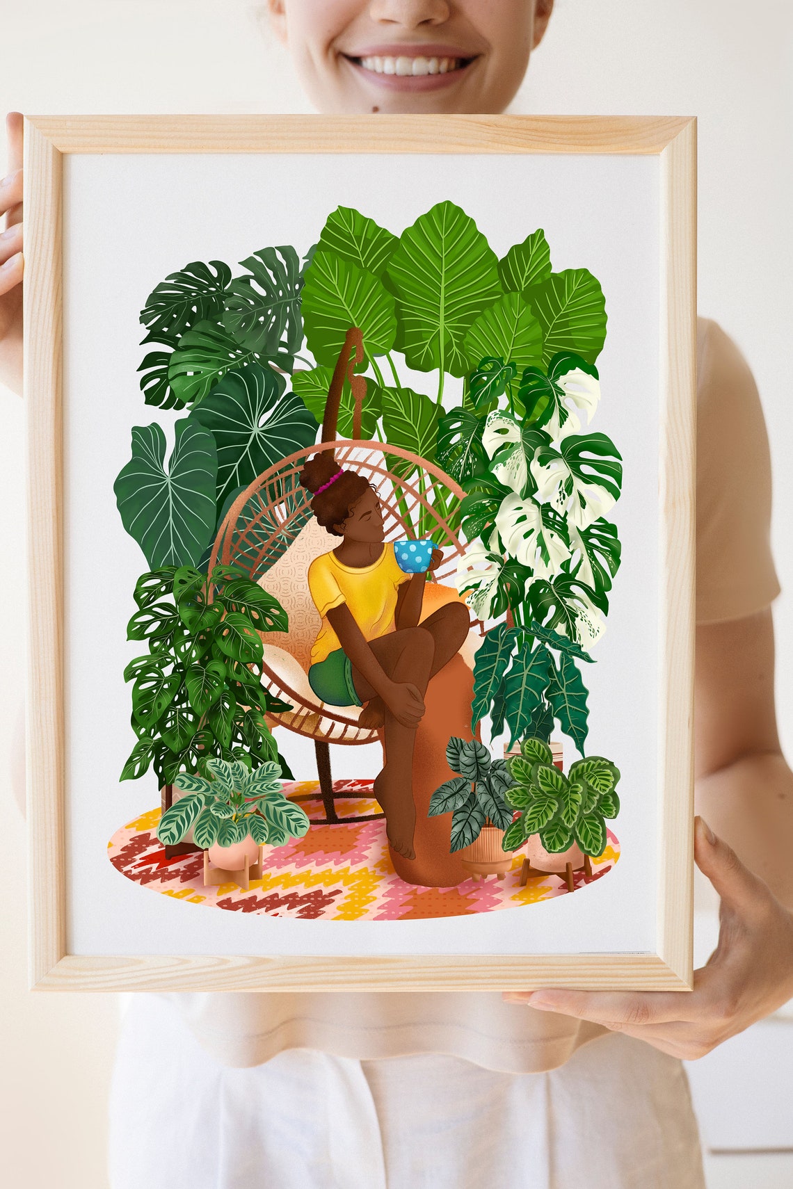 Plant Lady with a Blue Mug Relaxing in an Egg Chair Tropical Poster - Image 2