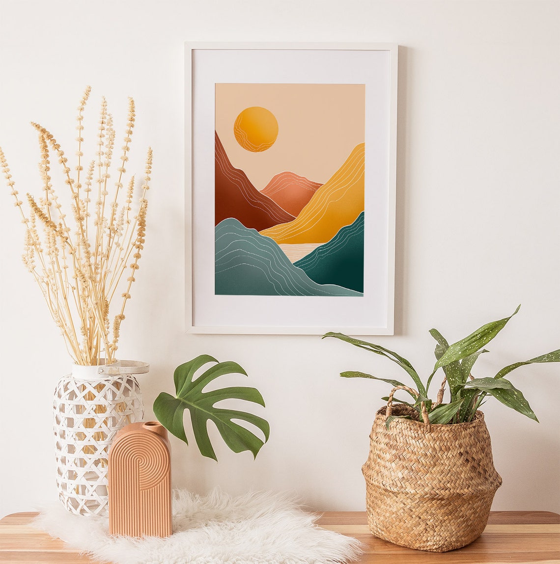 Sunrise Art Print Bohemian Mountain Landscape Illustration Neutral Wall Art Mid Century Modernlandscape Art - Image 3