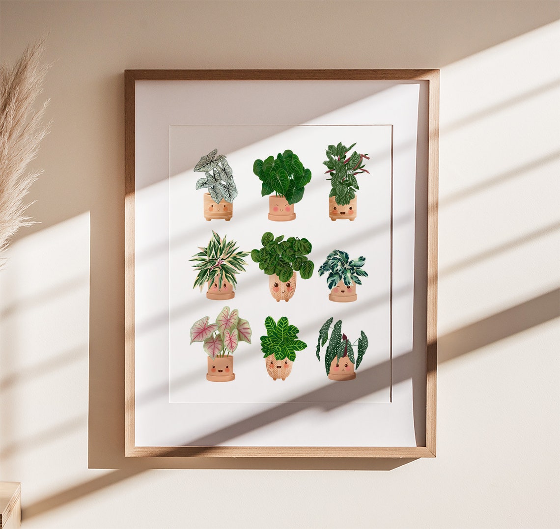Nine Cute Smiling Potted Plants Whimsical Kawaii Botanical Art Poster - Image 2