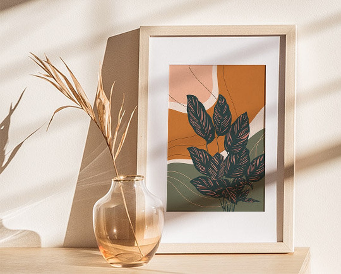 Pinstripe Calathea Leaves Terracotta Modern Abstract Style Poster - Image 2