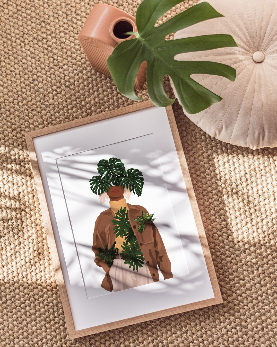 Monstera Head Fashion Woman Brown Blazer Botanical Style Poster - Image 2